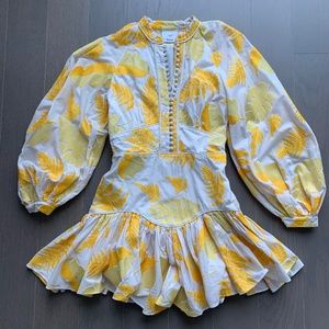 ACLER Leaf Embroidered Bastia Mini Dress Long Sleeves Yellow/White Womens Size 6